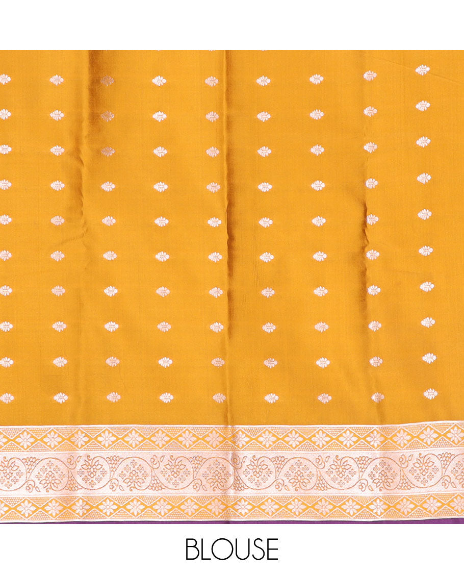 Violet floral motifs butter silk saree with contrast paisley design border & floral, paisley design pallu