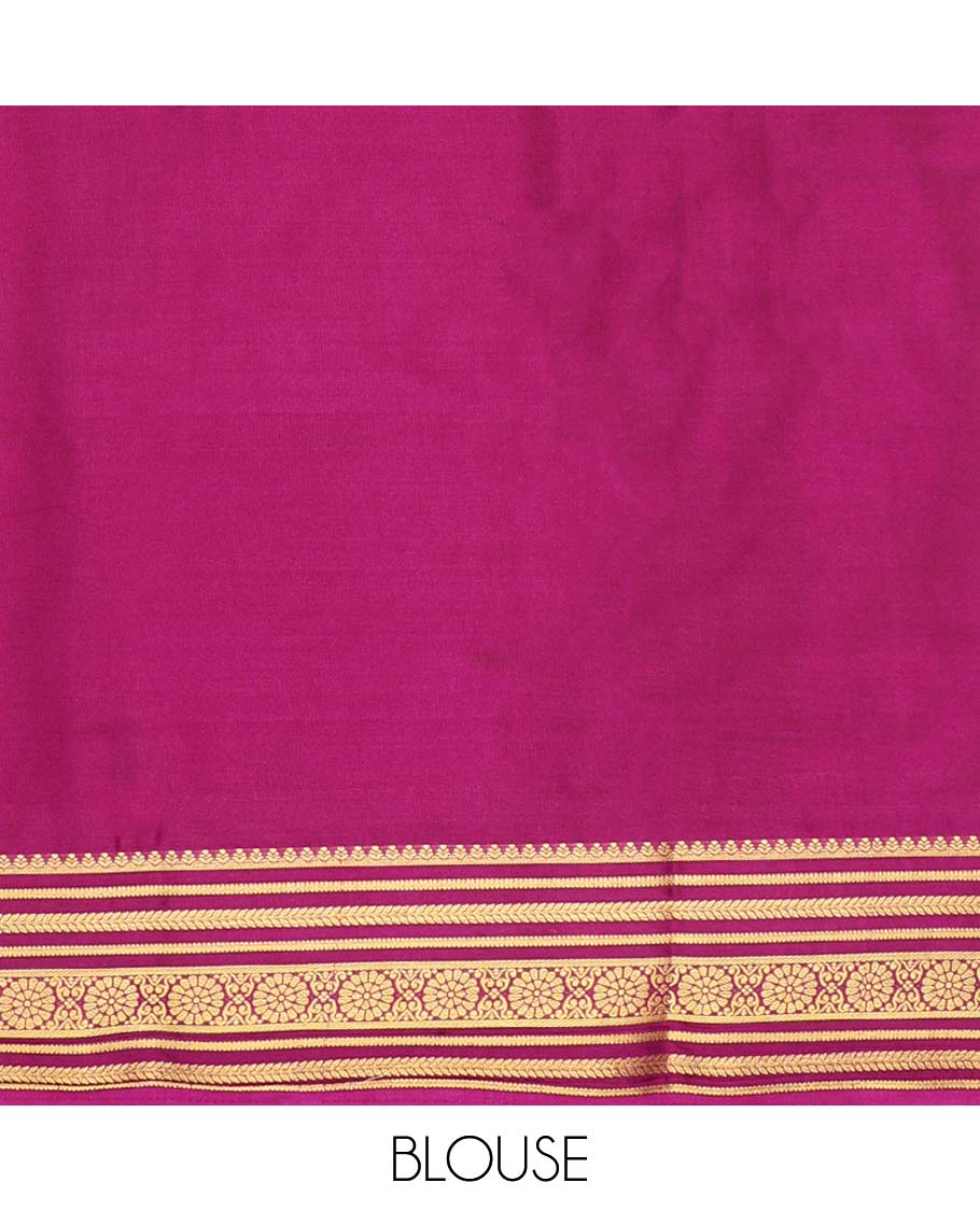 Blue pichwai-style floral vine printed semi-banaras printed saree, contrast traditional design border & striped pallu