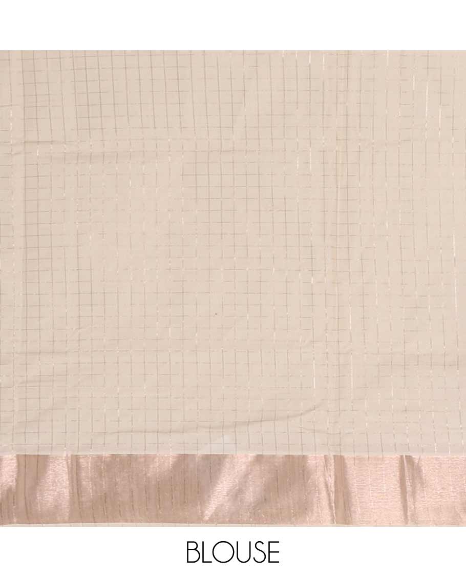 Cream zari checked & floral motifs screen printed Kerala cotton saree, zari bavanji border & screen printed pallu