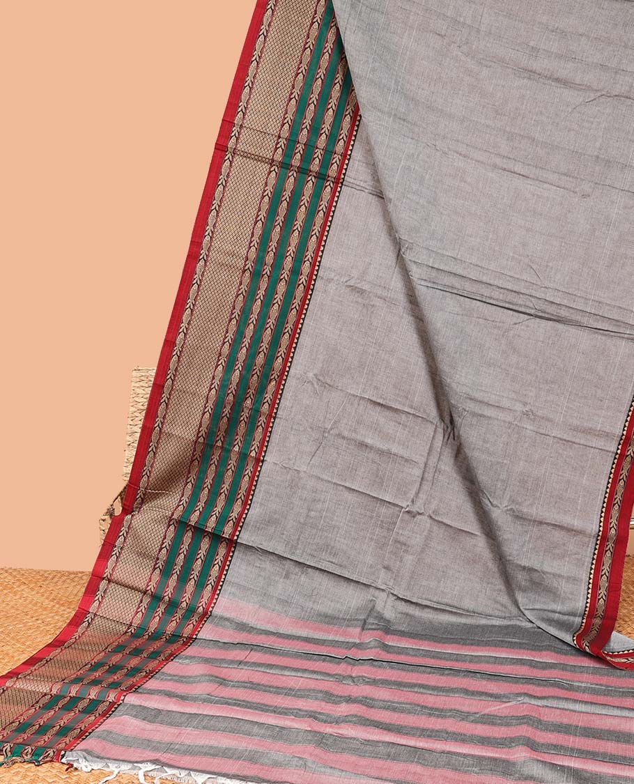 Grey plain Narayanapet cotton saree, contrast traditional design border & striped pallu
