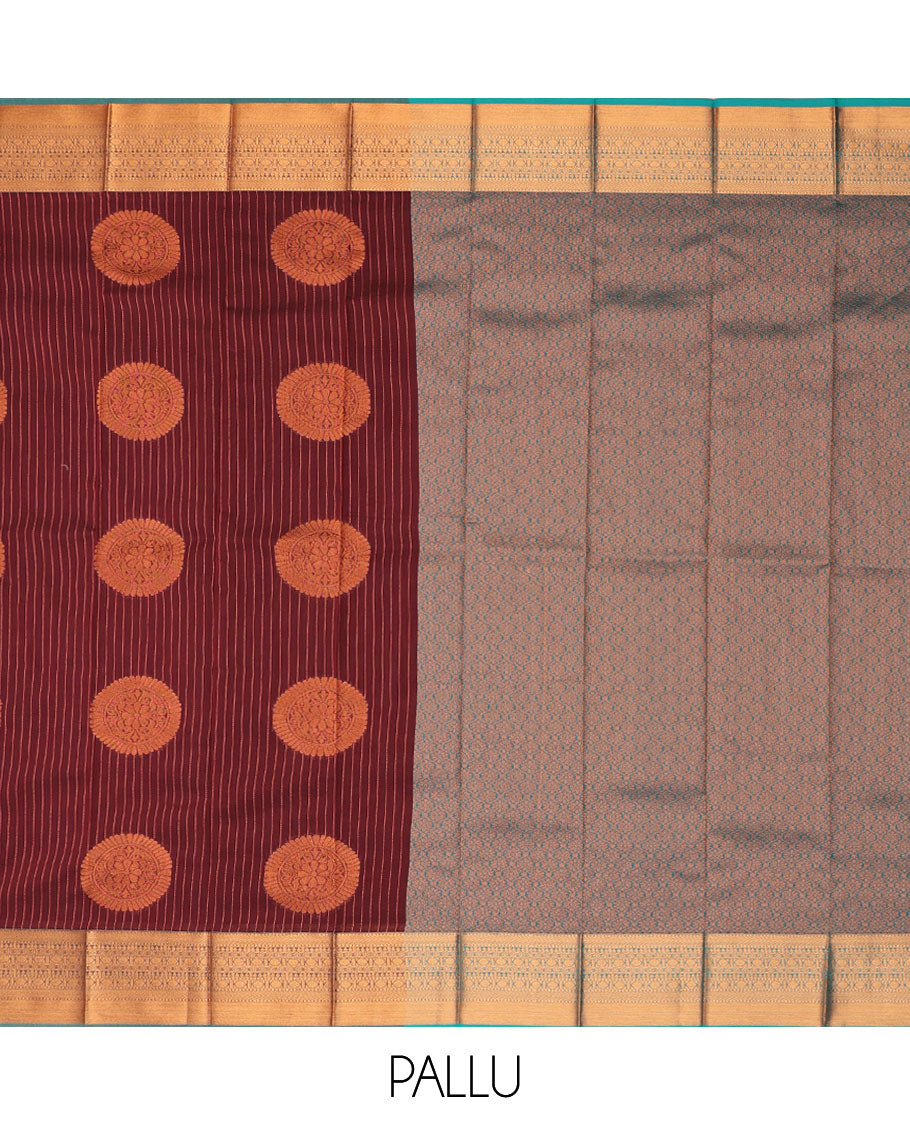 Marron striped, floral design design kora cotton saree with contrast intricate zari design border & jaal design pallu