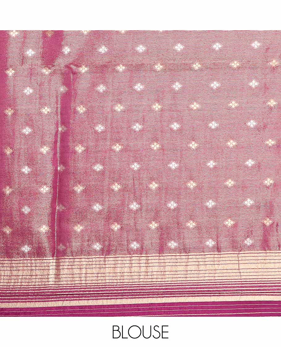 Purple striped semi-banaras dola silk saree with self zari border & intricate zari design pallu