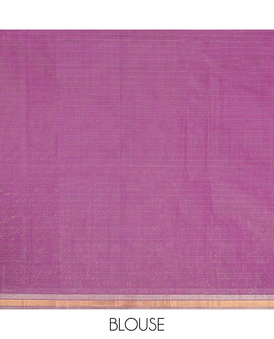 Purple checked silk cotton saree with self zari border & geometric design pallu