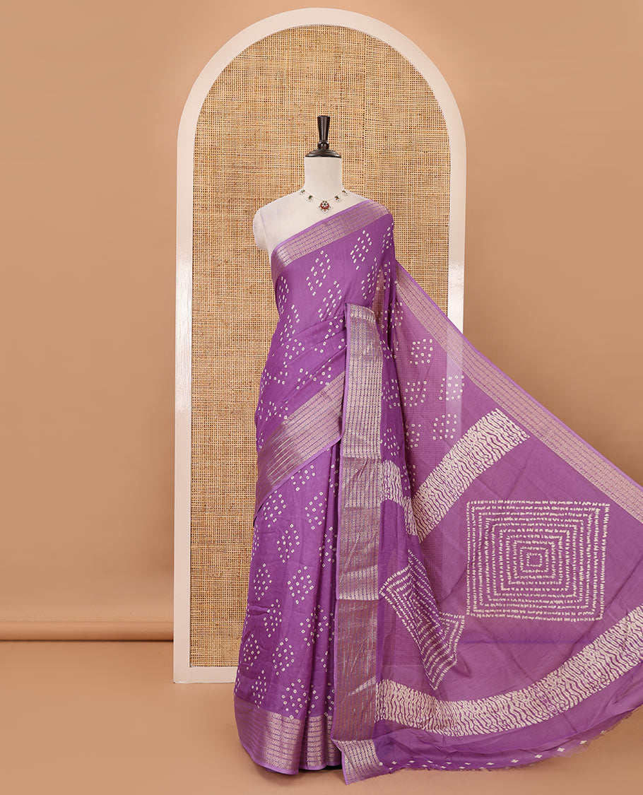 Violet Bandhani motifs printed viscose moss chiffon saree, zari design border, shibori-style pallu & blouse of zari & print work