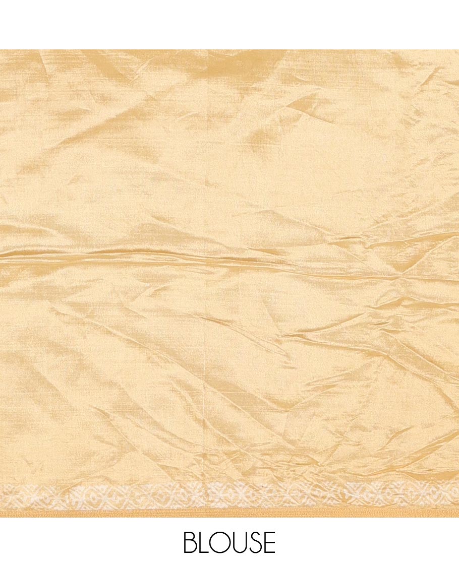 Gold tree motifs printed banana pith saree, zari piping border, floral printed pallu, and a matching printed blouse