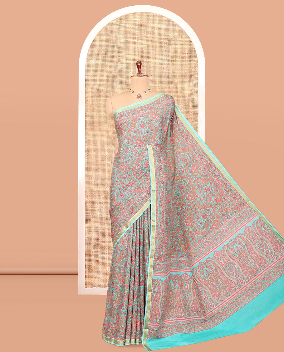 Blue Floral-Paisley Printed Silk Saree, a Traditional Border, Floral Pallu, a Matching Blouse