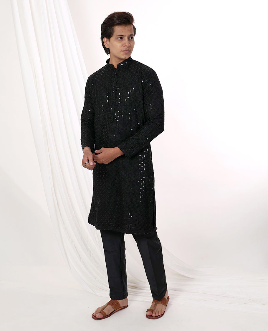 Black thread embroidery with sequins work mandarin collar & full-sleeve long raw silk kurta