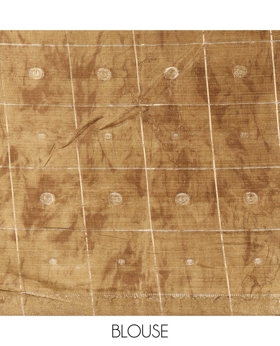 Black buttas enclosed checked dola silk saree, contrast shibori print with traditional zari border, buttas enclosed checked pallu, and a contrast buttas enclosed checked blouse