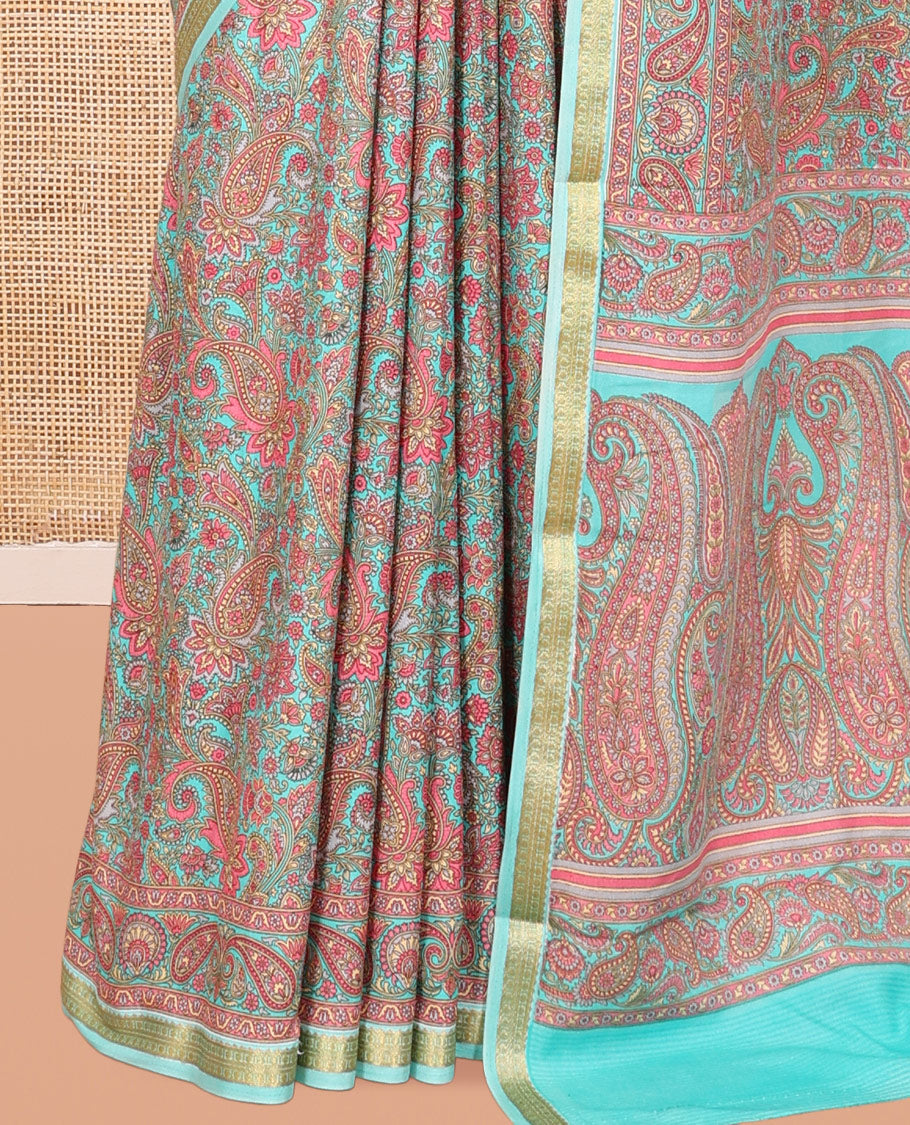Blue Floral-Paisley Printed Silk Saree, a Traditional Border, Floral Pallu, a Matching Blouse