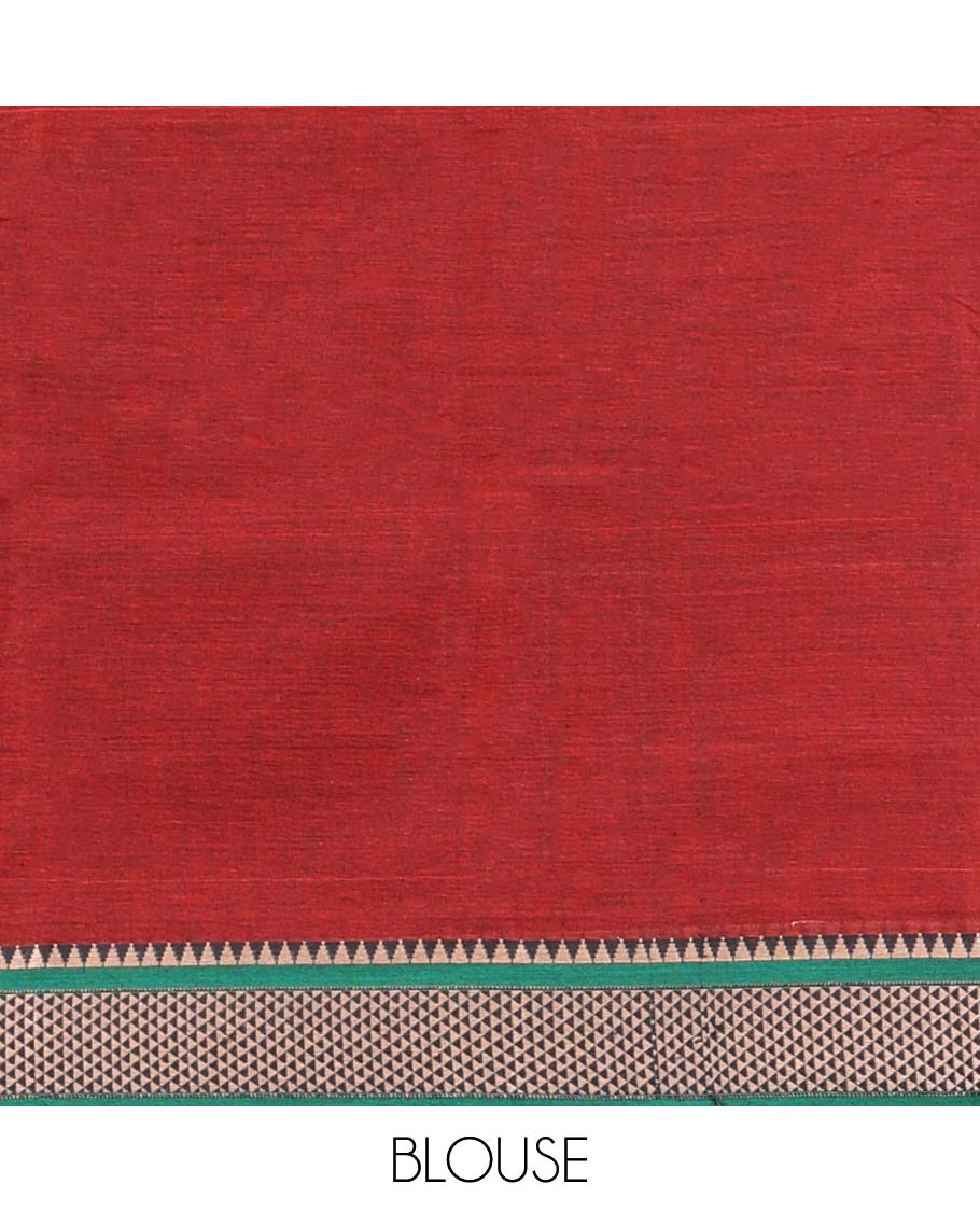 Red plain design Narayanapet cotton saree, contrast traditional design border & striped pallu