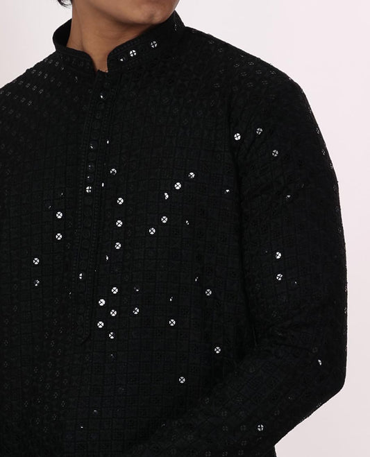 Black thread embroidery with sequins work mandarin collar & full-sleeve long raw silk kurta