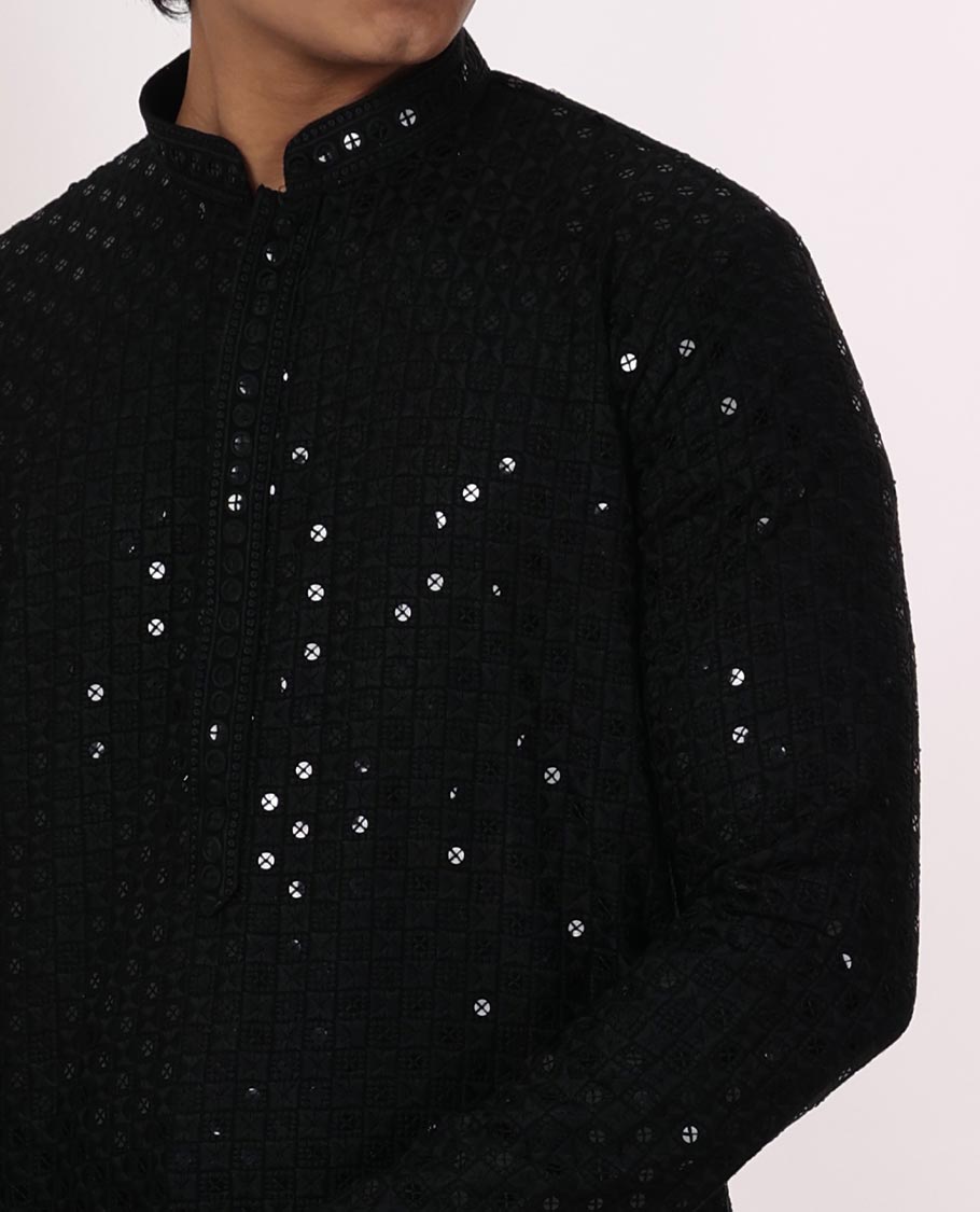 Black thread embroidery with sequins work mandarin collar & full-sleeve long raw silk kurta