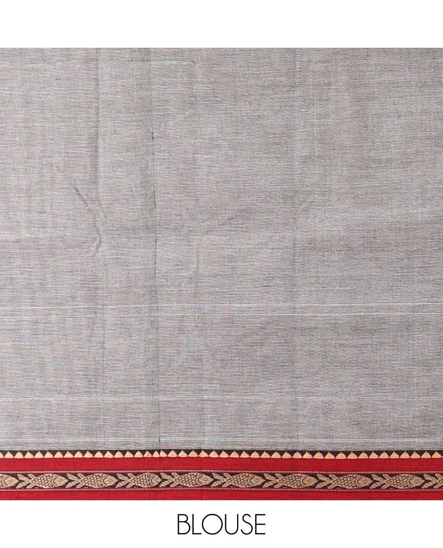 Grey plain Narayanapet cotton saree, contrast traditional design border & striped pallu