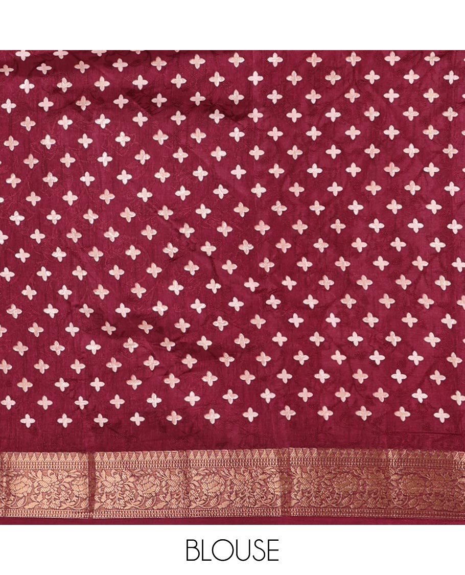 Jamun pink shibori printed fancy tussar saree, traditional zari border, shibori printed pallu & matching printed blouse with zari border