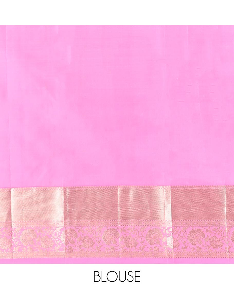 Ligth pink floral jacquard kancheepuram silk saree with self border of rekku, muthu, banaras, kodi visiry design & zari design pallu