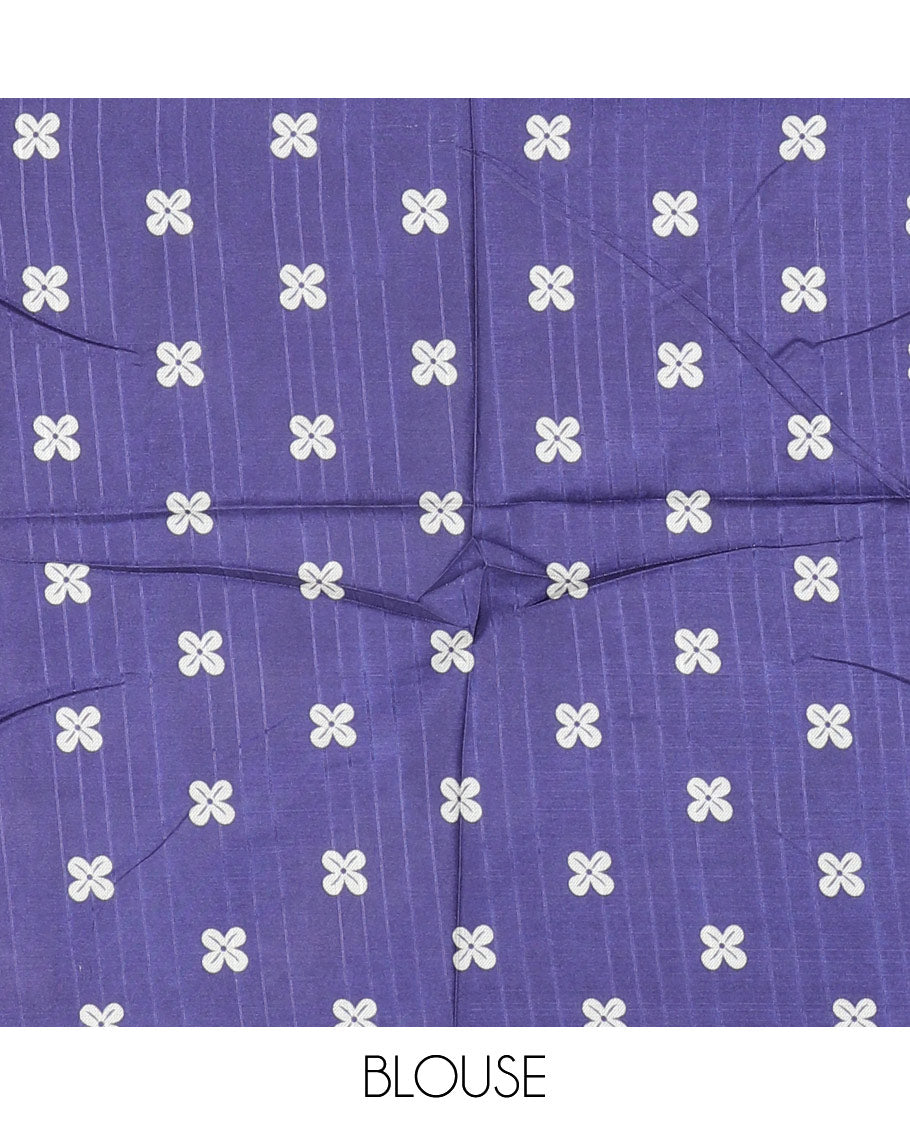 Blue jasmine bud motifs printed kathan silk saree, double-headed eagle motif zari piping border, pichwai cow printed pallu, and floral printed blouse