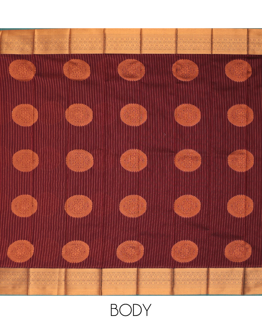 Marron striped, floral design design kora cotton saree with contrast intricate zari design border & jaal design pallu