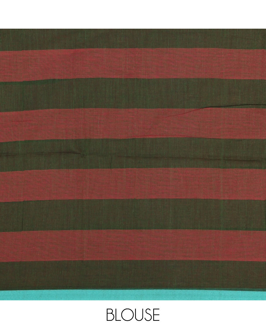 Olive green horizontal striped khadi cotton saree, contrast piping border & matching horizontal striped blouse