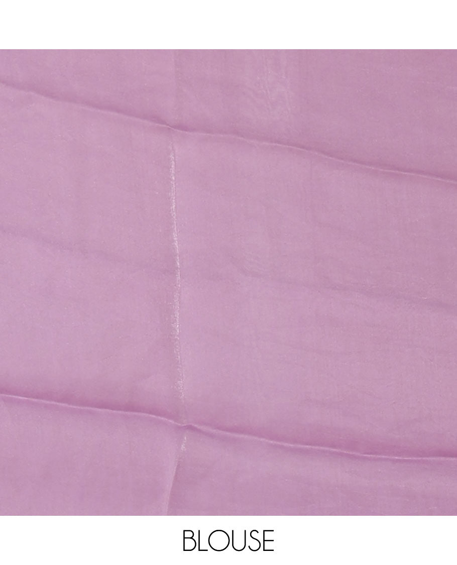 Borderless lavender tie-dye-style printed fendy satin saree, self-pallu with tassels & plain blouse
