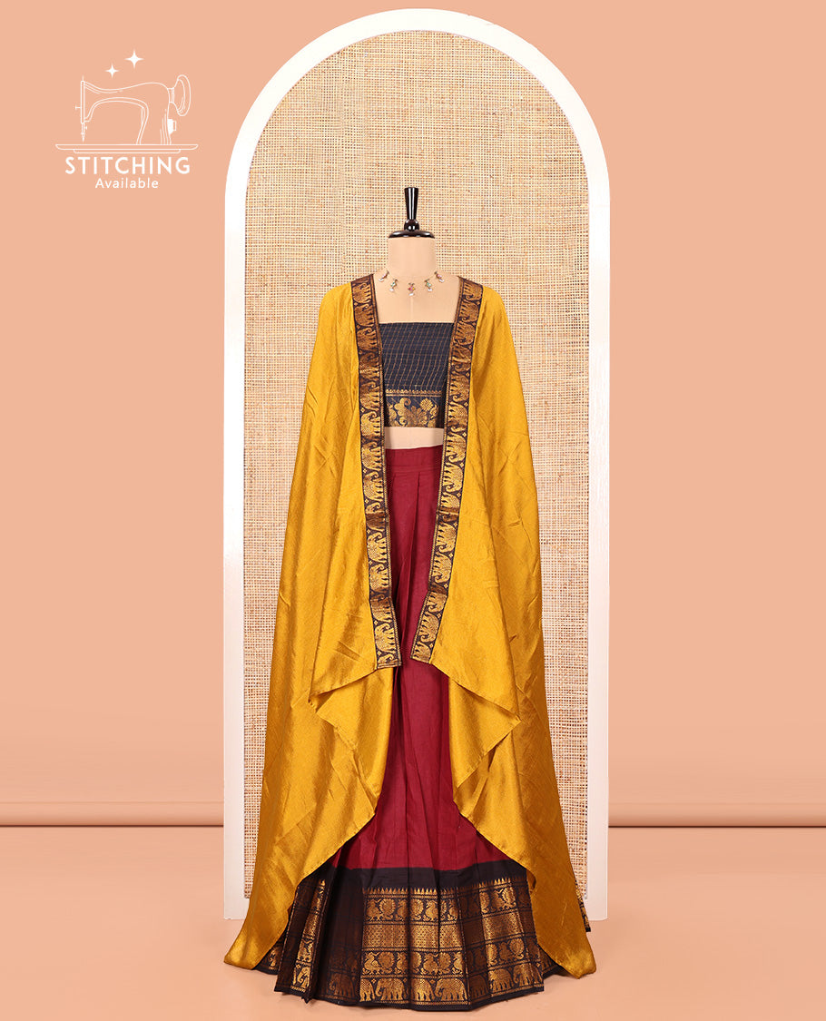 Maroon and Black Plain Sungudi Cotton Half-saree, Complemented by Captivating Contrast Traditional Zari Border of Temple, Peacock, and Elephant Designs, Paired with a Contrast Zari Checked Blouse, and Comes with a Zari-Bordered Vichitra Silk Dhavani