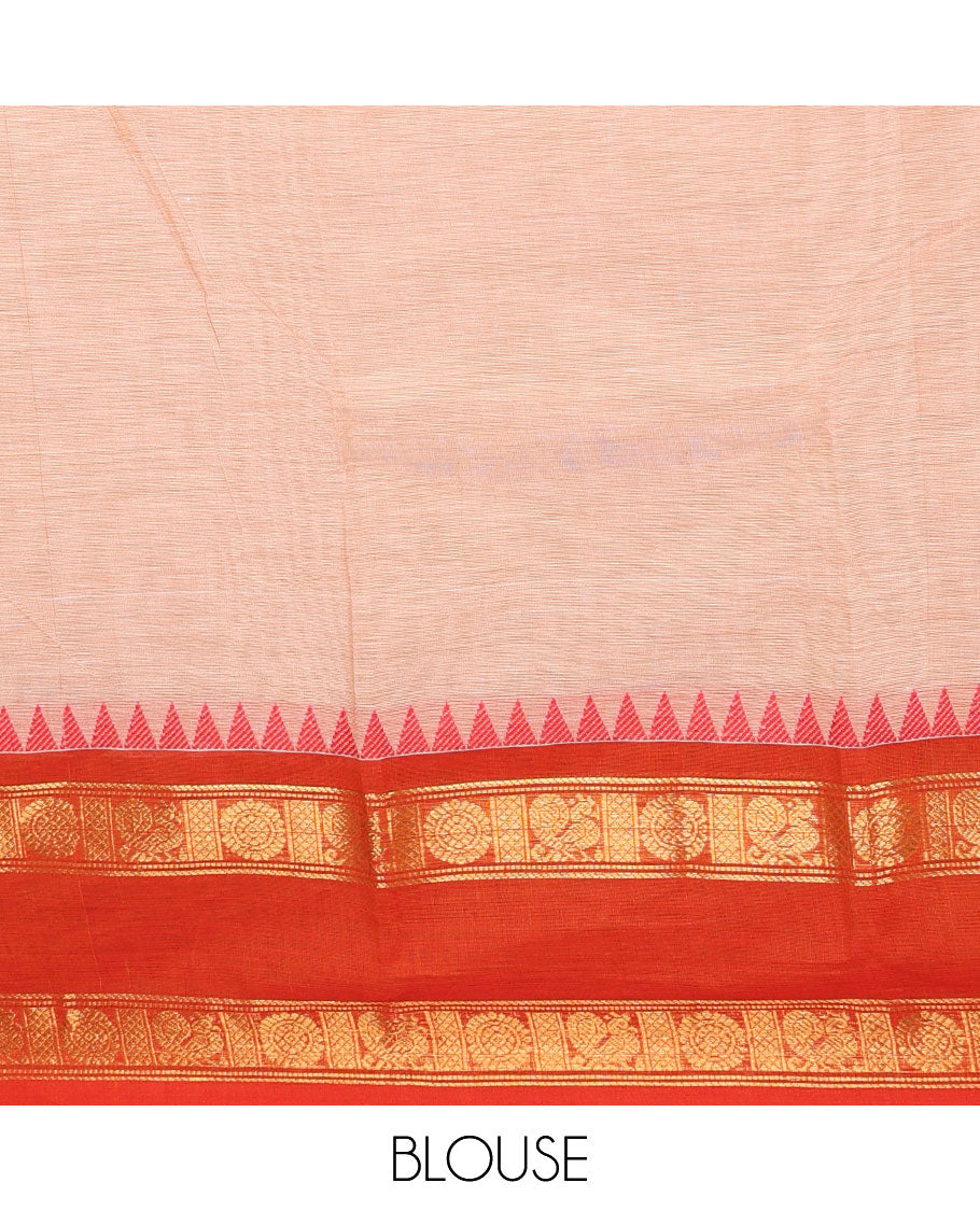 Baby pink chettinad cotton saree with contrast ganga jamuna zari design border & striped pallu