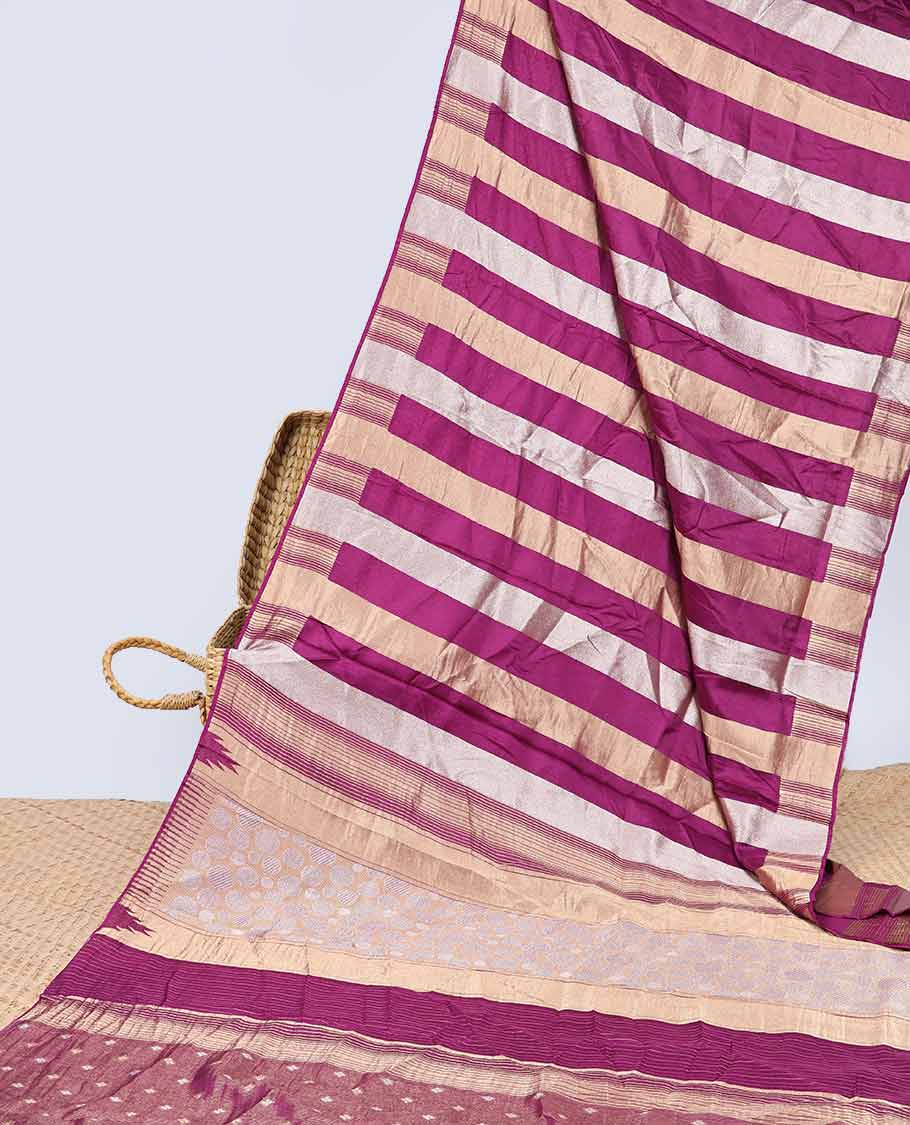 Purple striped semi-banaras dola silk saree with self zari border & intricate zari design pallu