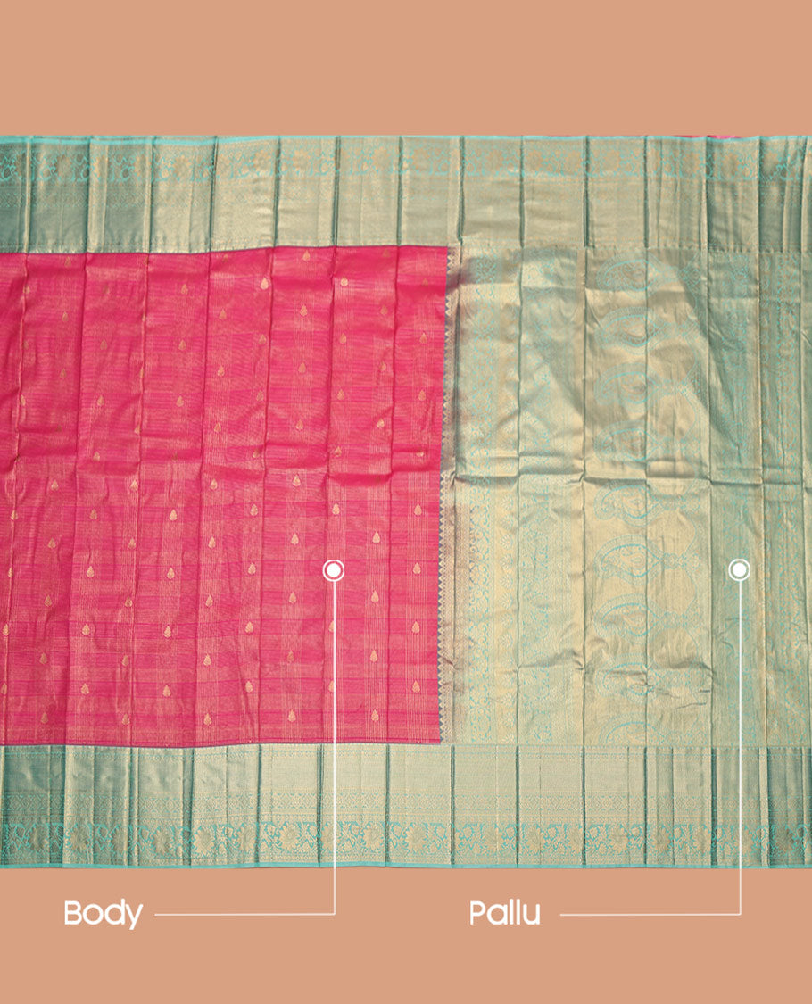 Pink Budget Silk Saree, Embellished with Zari Buttas and Checks, Complemented by Contrast Traditional Zari Border, Intricate Pallu, and Contrast Blouse