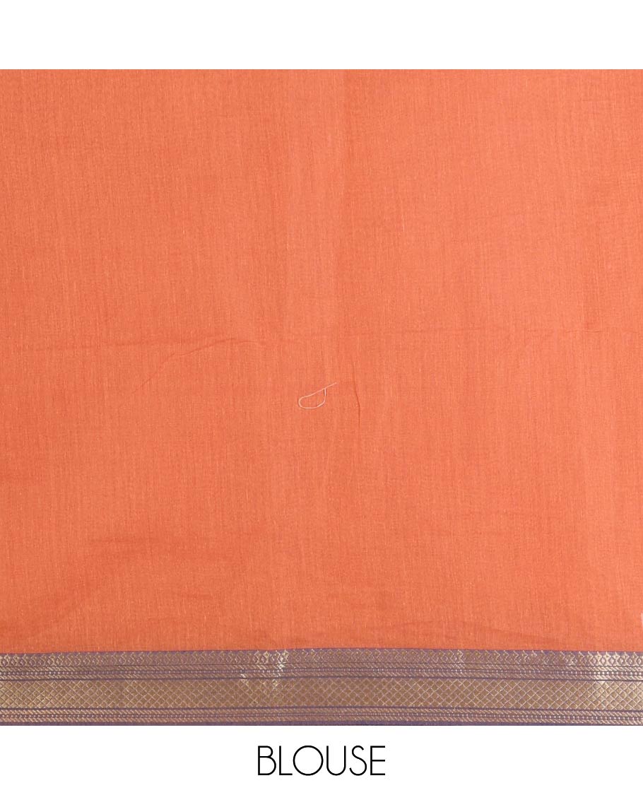 Rust buttas Mangalagiri cotton saree, contrast traditional zari border, floral vine with bird embroidered pallu, and matching blouse