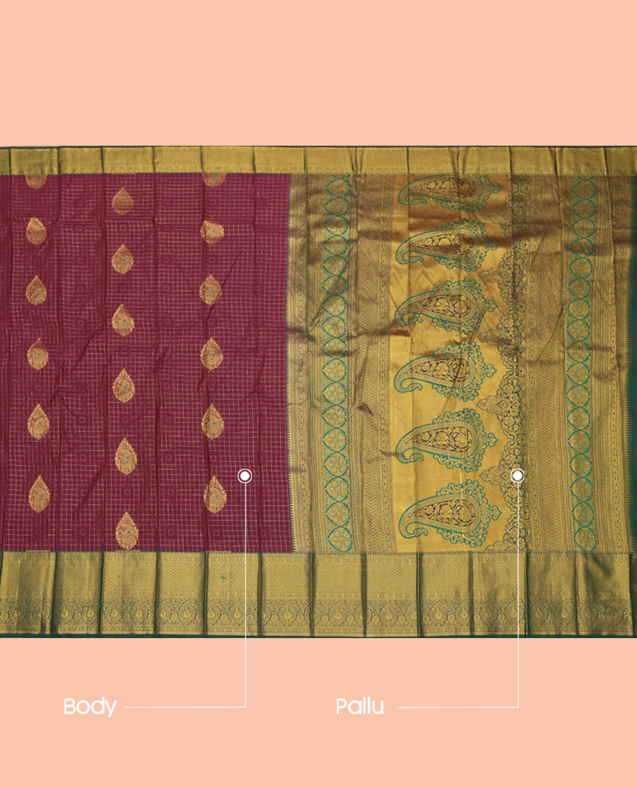 Maroon Budget Silk Saree, Woven with Zari Buttas and Checks, a Contrast Traditional Zari Border, Grand Pallu, and a Contrast Blouse
