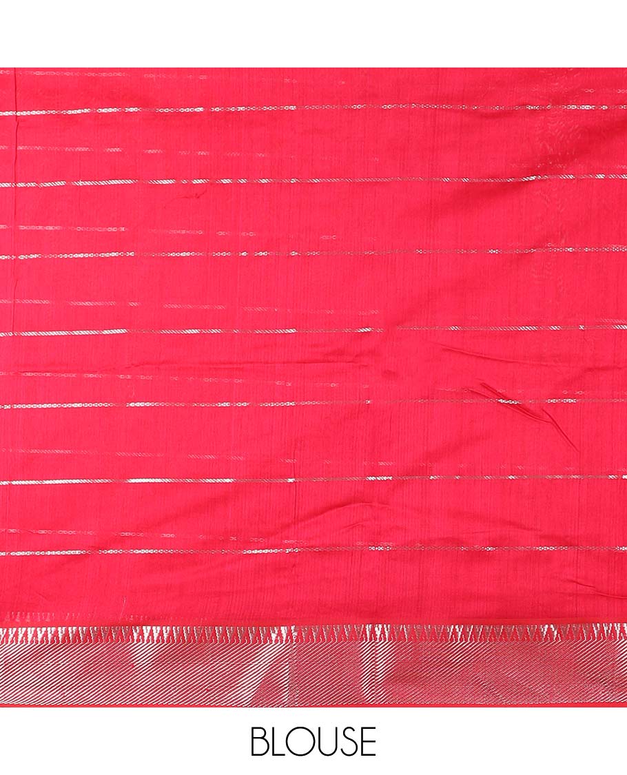 Red striped maheshwari cotton saree with self striped, temple border & checked pallu