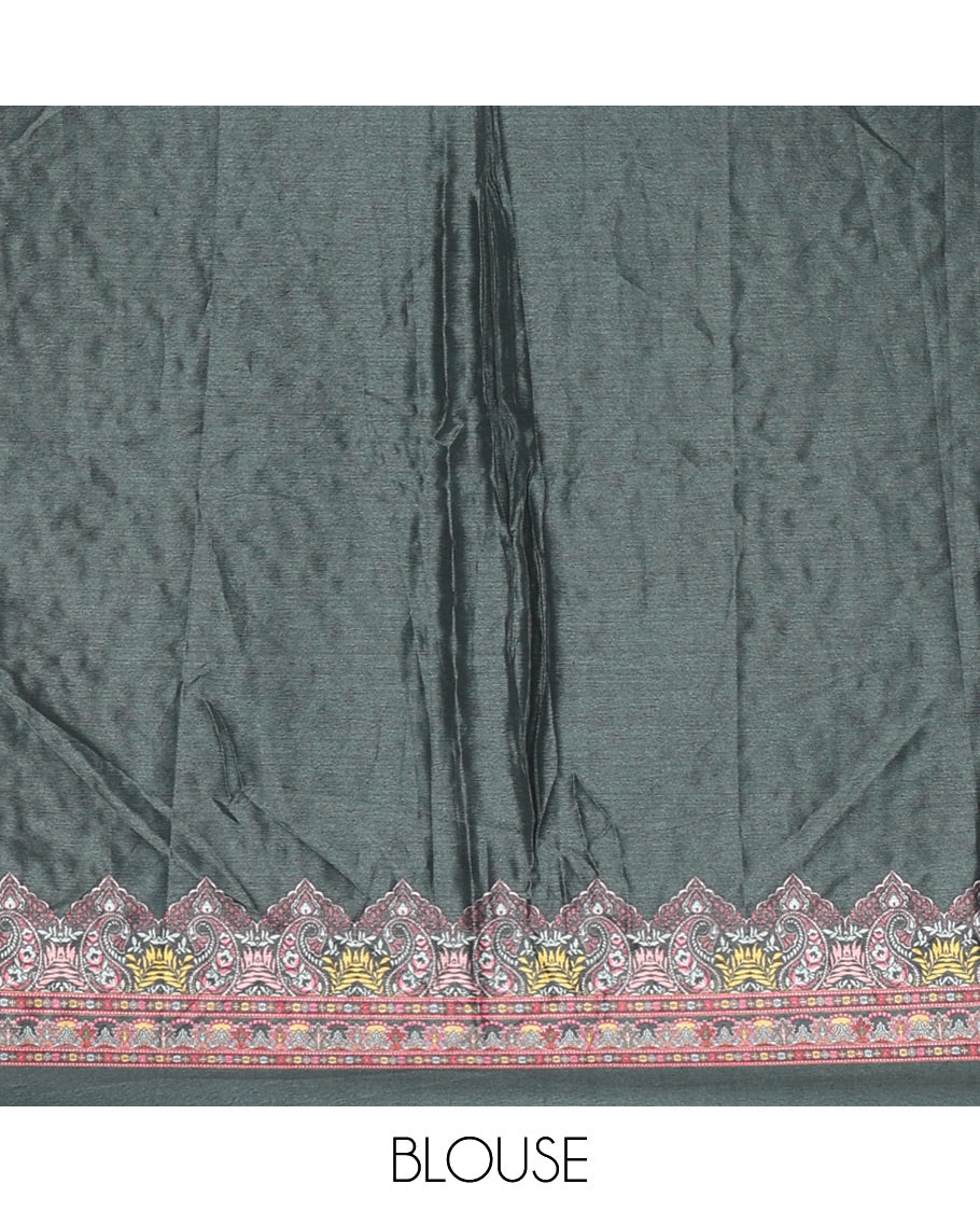 Green geometric patterns kaleidoscope-colored printed & mirror embroidered half-&-half masakali saree, printed border & pallu of embroidery work & plain blouse
