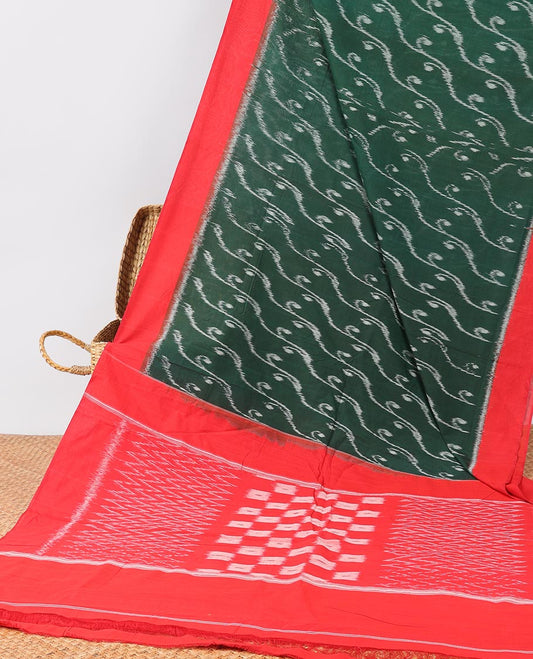 Green Vine design Ikkat Cotton Saree with contrast plain border & geometric design pallu