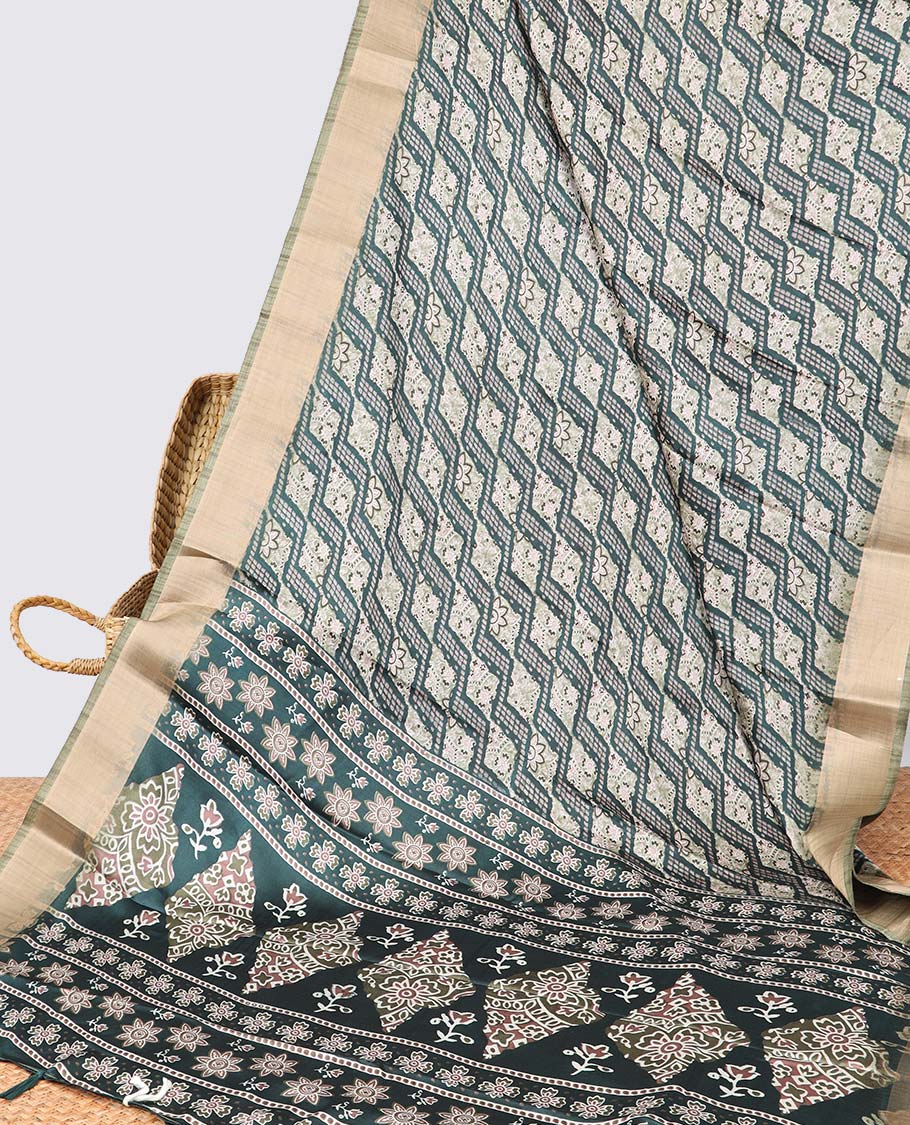 Green argyle design semi-banaras printed saree with contrast zari border & floral motifs pallu