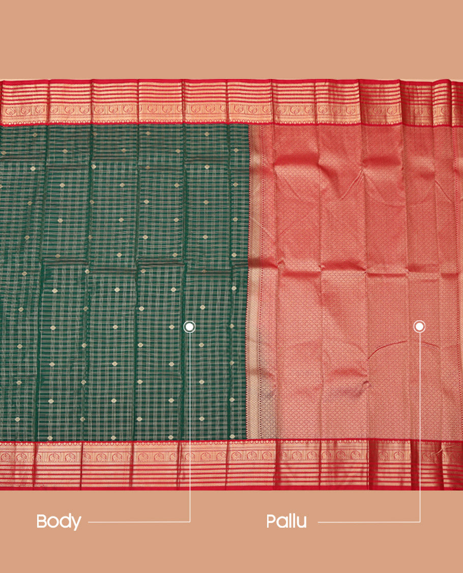 Dark Green Budget Silk Saree, Enriched with Zari Buttas and Checks, Complemented by a Contrast Traditional Zari Design Border, Jaal Pallu, and a Contrast Blouse