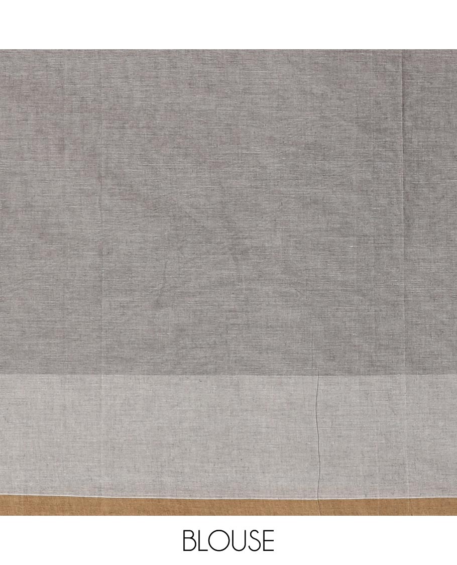 Grey bird motifs printed Handloom cotton saree, contrast piping border, pallu of bird motifs print, and a matching blouse