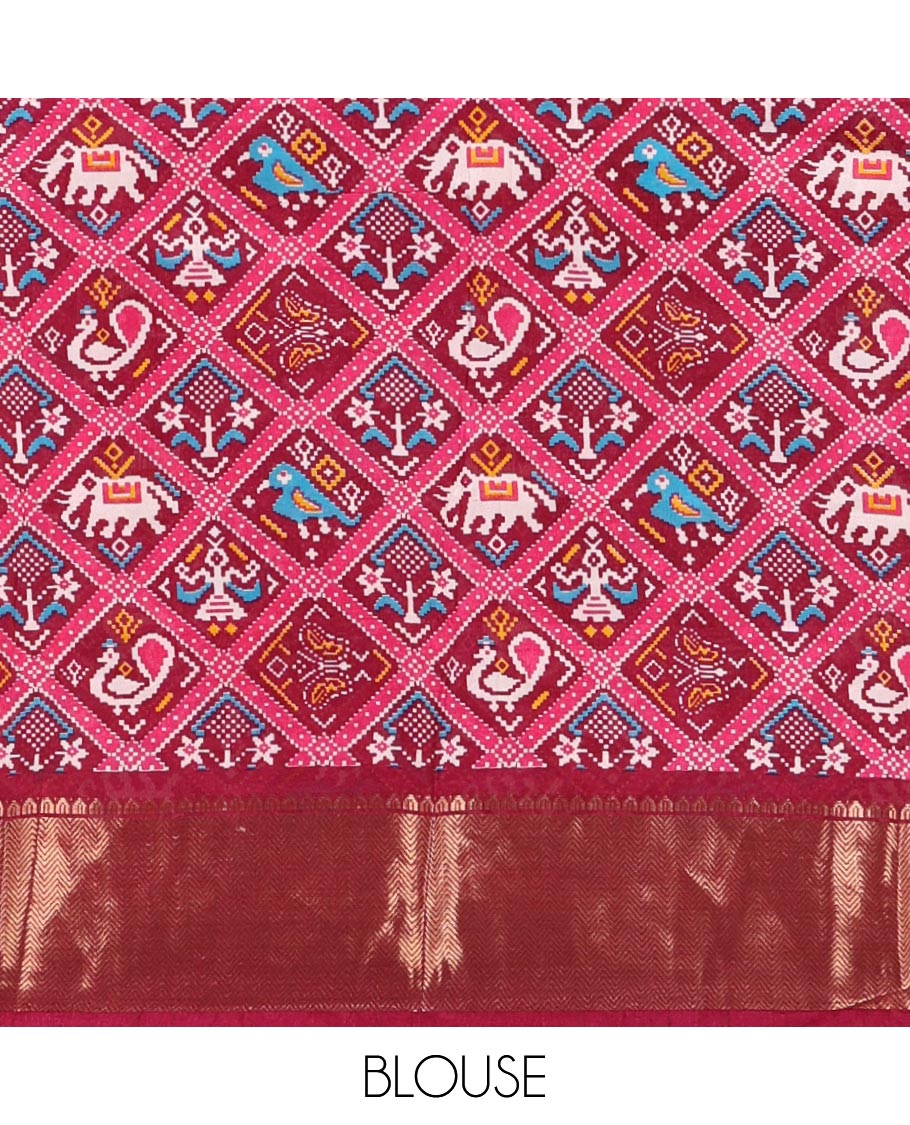Pink striped dola-tussar saree, contrast temple zari border, patola animal motifs enclosed jaal printed pallu & patola printed blouse