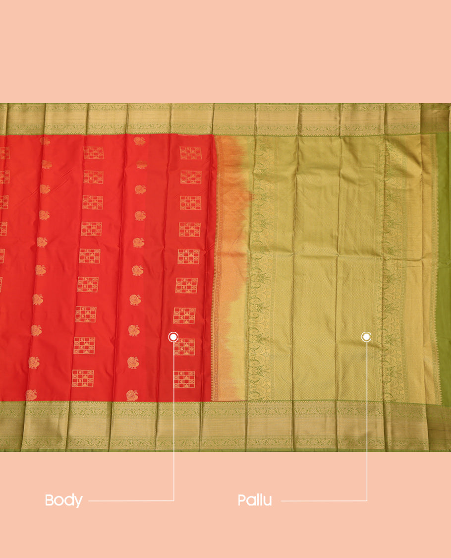 Orange Budget Silk Saree, Richly Detailed with Zari Buttas, a Contrast Traditional Zari Border, Intricate Pallu, and a Contrast Blouse