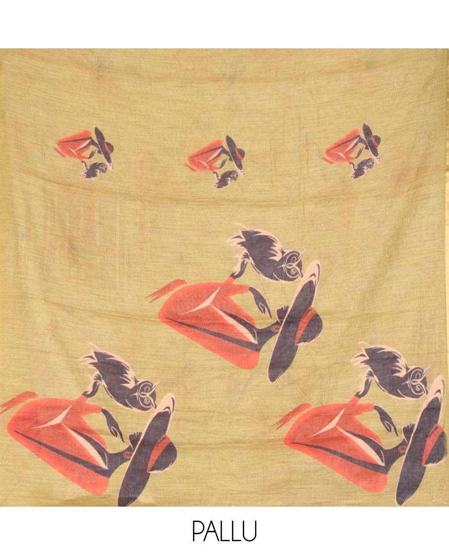 Green Linen Cotton Saree, Elevated with Girl Motifs Printed on Its Body, Subtle Zari Piping Border, Pallu Mirrors the Same Print, and Comes with a Matching Printed Blouse