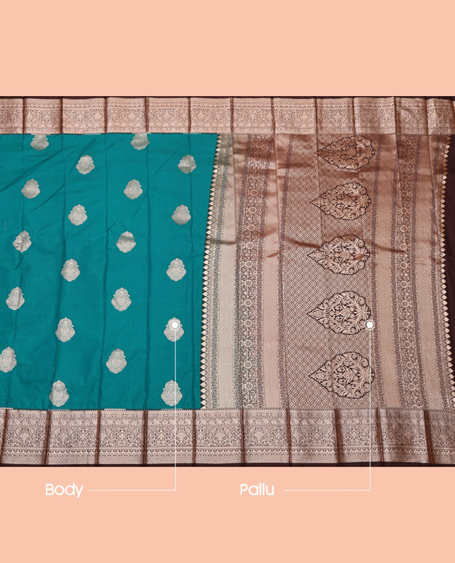 Green Budget Silk Saree, Masterfully Woven with Zari Buttas, Complemented by a Contrast Traditional Zari Border, Pallu of Intricate Designs, and a Contrast Blouse