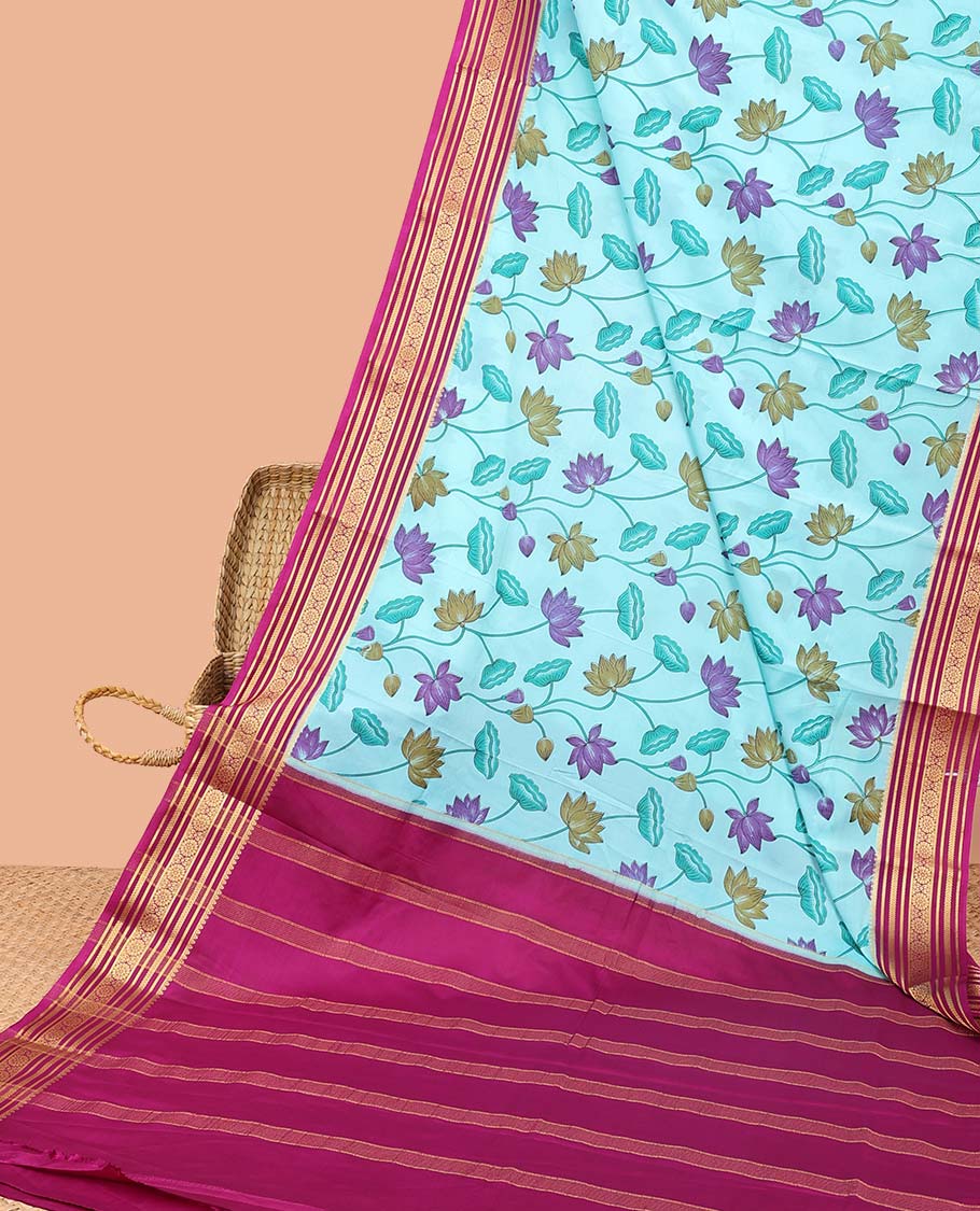Blue pichwai-style floral vine printed semi-banaras printed saree, contrast traditional design border & striped pallu