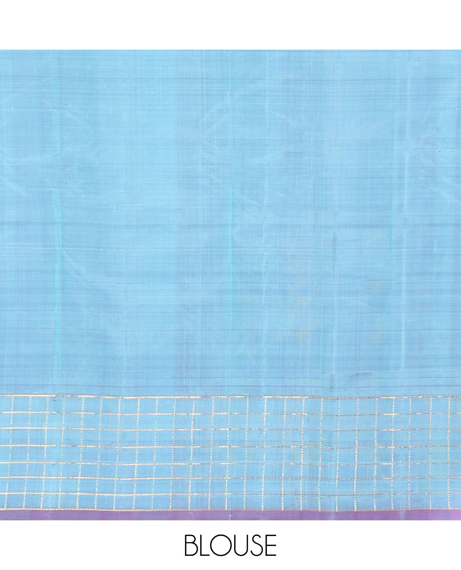 Blue checked kancheepuram silk saree with contrast floral zari design & intricate zari design pallu