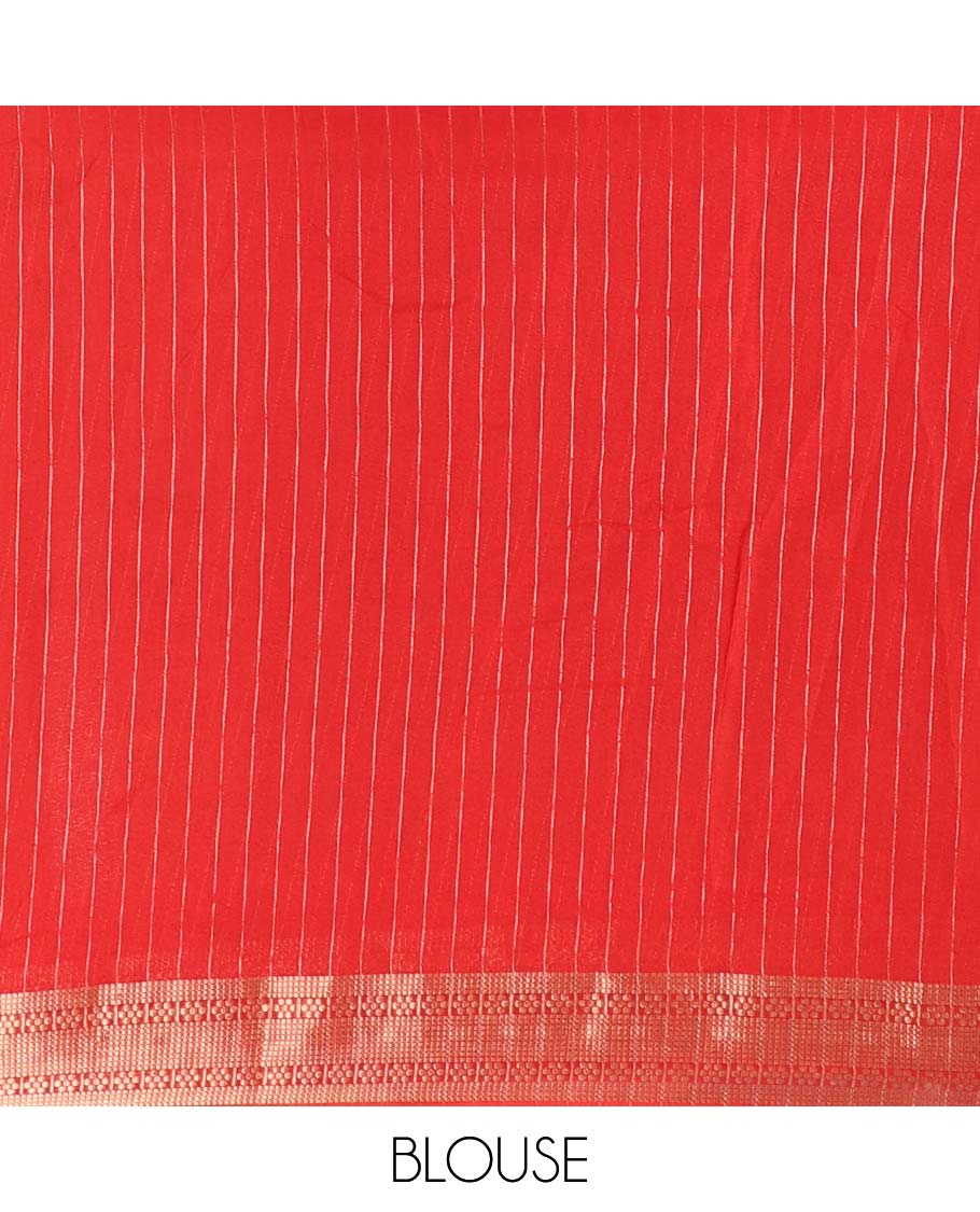 Green vertically striped moss chiffon saree with contrast traditional zari design borders, striped pallu, and a contrast blouse