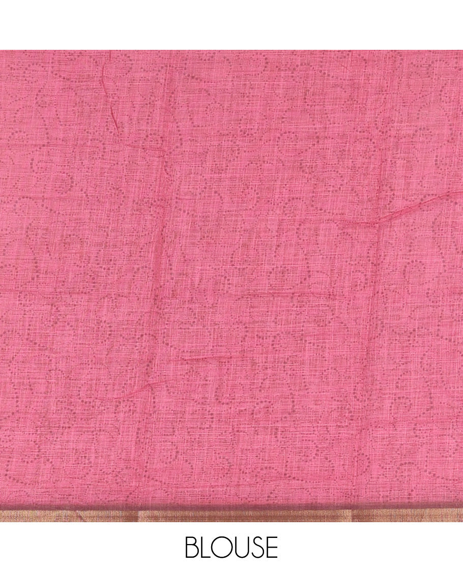 Baby pink cute elephant motifs printed linen cotton saree, contrast chevron border, pallu of stripes and chevron, and contrast printed blouse