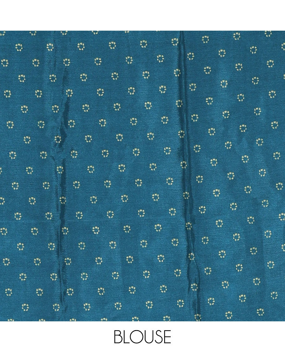 Borderless peacock green Shibori-style circle motifs printed Turkey crepe saree, Shibori printed pallu & small buttas printed blouse