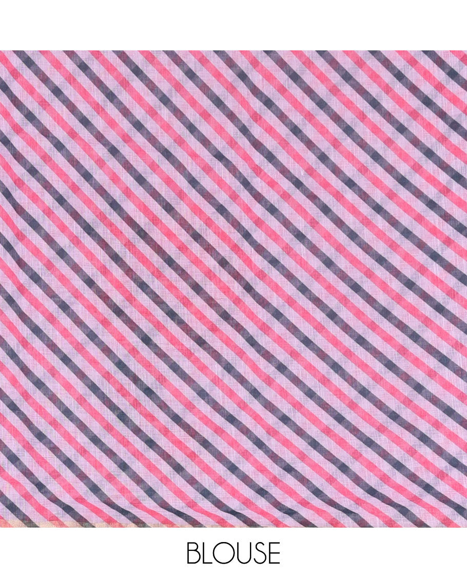 Lavender sun and deer silhouette printed linen cotton saree, gold zari piping border, printed pallu, and a matching stripes printed blouse