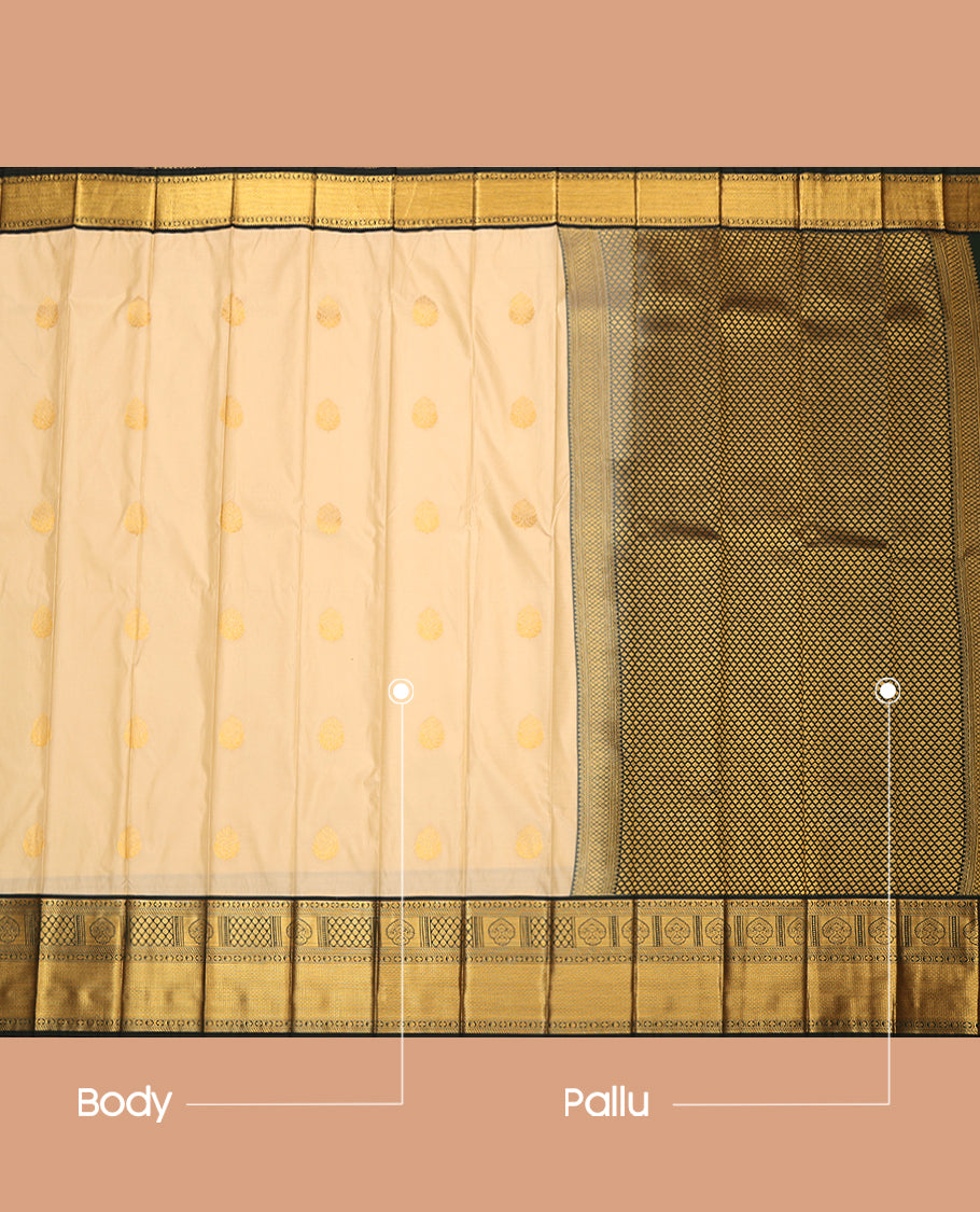 Cream Budget Silk Saree, Elevated with Zari Buttas, Complemented by a Contrast Traditional Zari Border, Grand Jaal Pallu, and Contrast Blouse