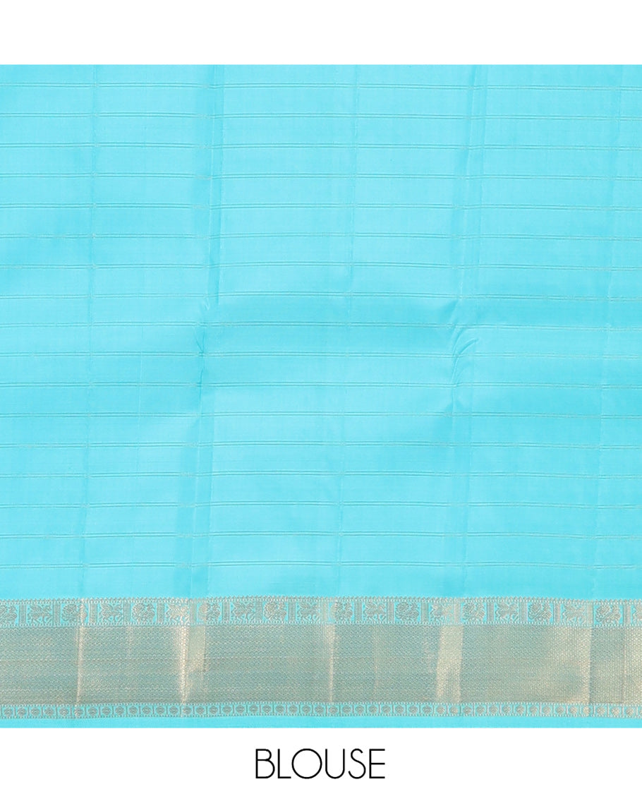 Green Vasundhara Silk Saree, Woven with Zari Checks, a Zari Border of Mayil, Kuthirai, Muthu, Mayil Kann and Rudraksham Designs, Grand Pallu, and a Contrast Blouse