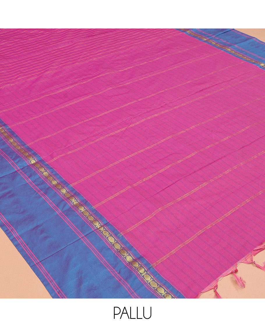 Pink Ten Yard Saree, Adorned with Checks, a Contrast Rudraksham Border, Pallu of Stripes, and No Blouse