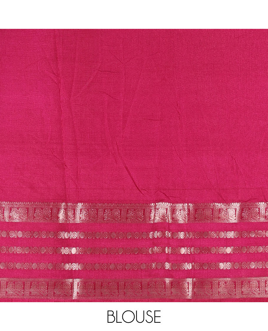 Wine leaf motifs printed dola silk saree, contrast traditional zari border of Rudraksham and peacock motifs, geometric printed pallu and contrast printed blouse