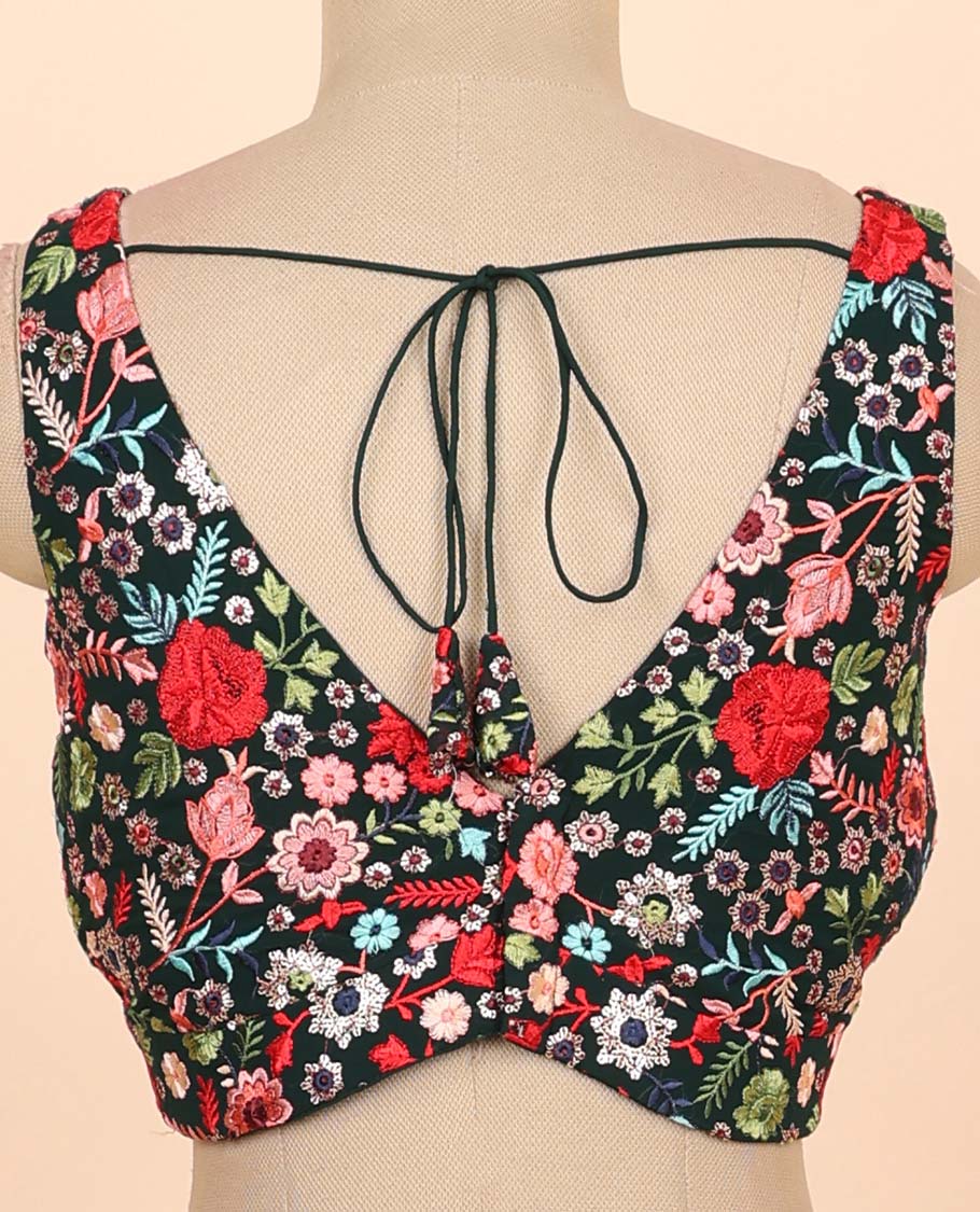 Dark green floral embroidered front & back deep v-neck raw-silk readymade sleeveless blouse